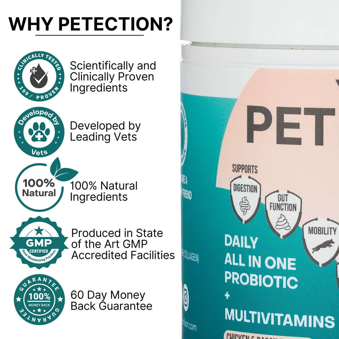 Petection for Dogs - Daily All in One Probiotic + Multivitamins (60 Chews)